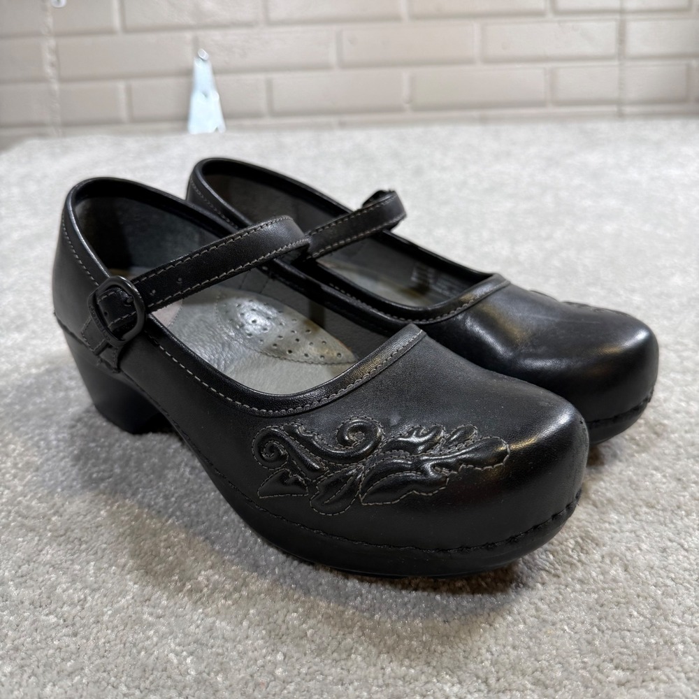 Dansko Savanna Mary Jane Clogs Black Leather Embroidered Comfort Shoes Sz 38